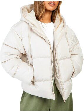 Women's Beige Adjustable Drawstring Hood Cropped Puffer Jacket Quilted Jackets